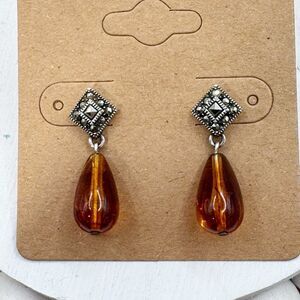 Avon Vintage Faux Amber Teardrop Marcasite Victorian Revival Drop Earrings